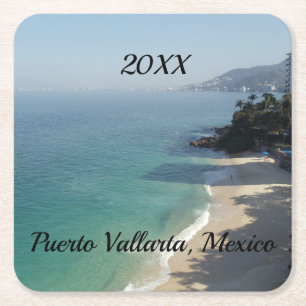 Posavasos Cuadrado De Papel playa de arena azul cielo y mar