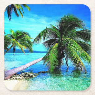 Posavasos Cuadrado De Papel Playa de Isla Tropical Palm Tree