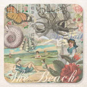 Posavasos Cuadrado De Papel playa de verano vintage octopus antiguo vela