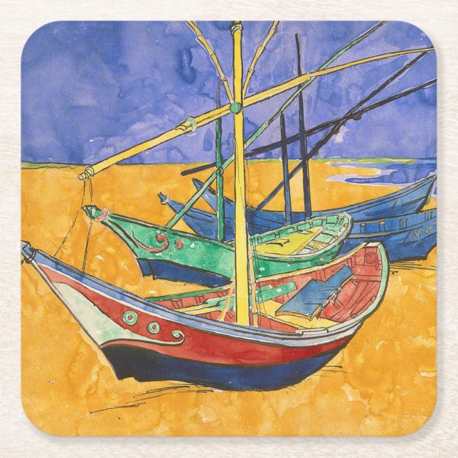 Posavasos Cuadrado De Papel Playa del Impresionismo de los barcos Van Gogh (Anverso)