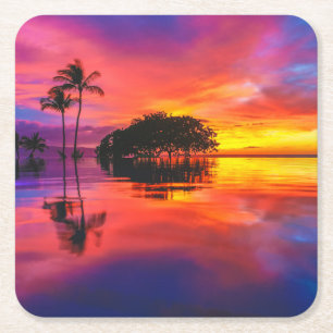 Posavasos Cuadrado De Papel Playa majestuosa de la puesta del sol el Wailea,