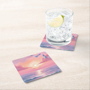 Posavasos Cuadrado De Papel Playa Rosada   Océano Rosa Puesta de Sol Costero A