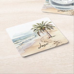 Posavasos Cuadrado De Papel Playa Tropical Aloha Coconuts Palmeras