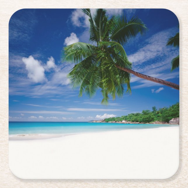 Posavasos Cuadrado De Papel Playa tropical el | Seychelles (Anverso)