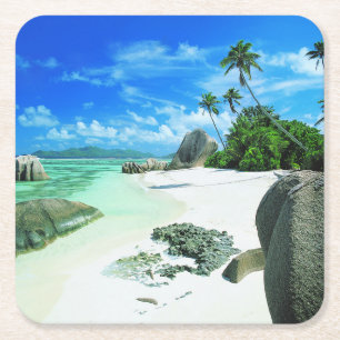 Posavasos Cuadrado De Papel Playas tropicales   Isla de la Digue