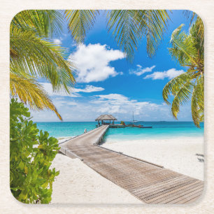 Posavasos Cuadrado De Papel Playas tropicales Muelle de madera de la isla de