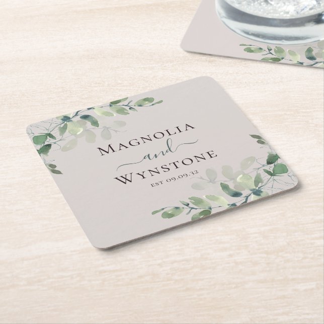 Posavasos Cuadrado De Papel Plaza Boda Eucalyptus Greenery (En perspectiva)