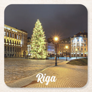 Posavasos Cuadrado De Papel Plaza Cúpula con árbol de Navidad en Riga