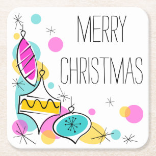 Posavasos Cuadrado De Papel Plaza de Navidades Retro Tree Baubles Corner