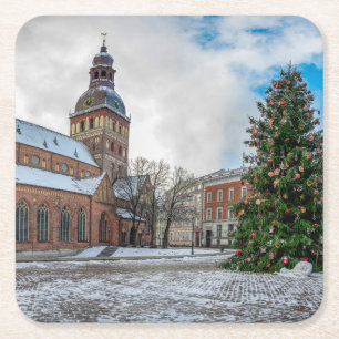 Posavasos Cuadrado De Papel Plaza Dome con árbol de Navidad en Riga Canvas Pri