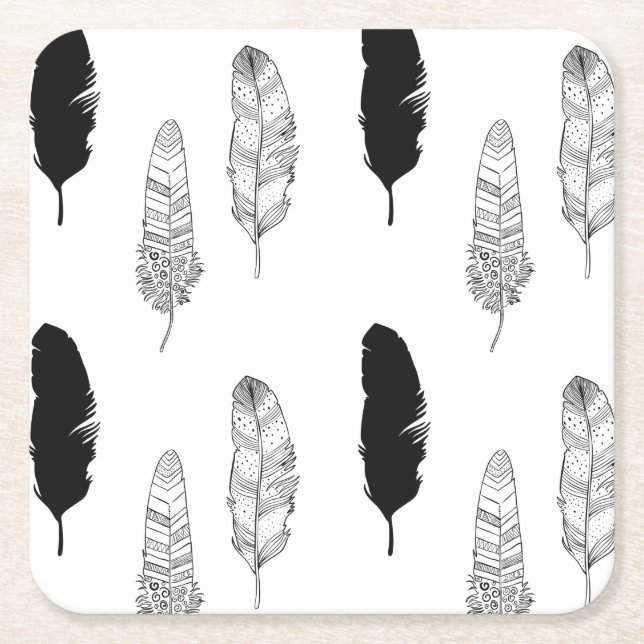 Posavasos Cuadrado De Papel Plumas blancos y negros (Anverso)