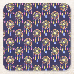 Posavasos Cuadrado De Papel Plumas de atrapasueños Textura sin fisuras de acua