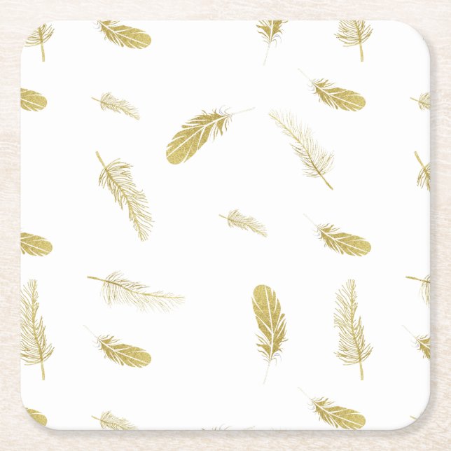 Posavasos Cuadrado De Papel Plumas de oro (Anverso)