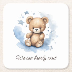 Posavasos Cuadrado De Papel Podemos Esperar A Pastel Blue Baby Shower