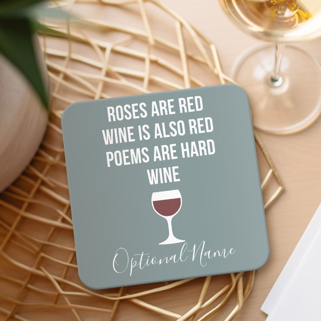 Posavasos Cuadrado De Papel Poema de vino gracioso - El vino es poesía roja di (Personalized Coaster with a funny wine joke)