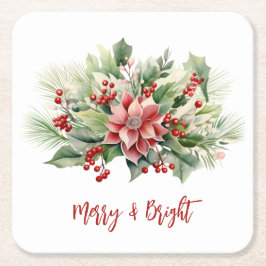 Posavasos Cuadrado De Papel Poinsettia Bayas Navideñas Alegres Brillantes