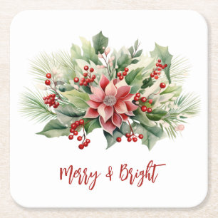 Posavasos Cuadrado De Papel Poinsettia Bayas Navideñas Alegres Brillantes