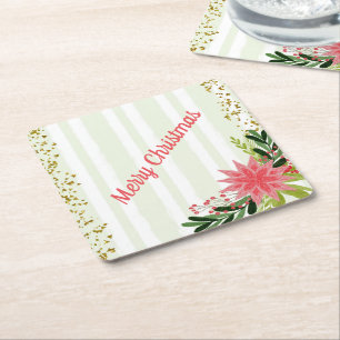 Posavasos Cuadrado De Papel Poinsettia de Navidad Rojo Verde Dorado Brillo 