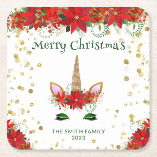 Posavasos Cuadrado De Papel Poinsettia de Navidad Unicornio con fuente verde F