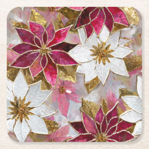 Posavasos Cuadrado De Papel Poinsettias de Navidades rosados de oro blanco