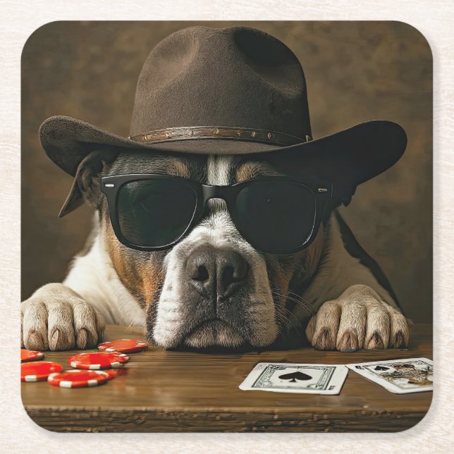 Posavasos Cuadrado De Papel Poker Blackjack Western Pitbull Cute (Anverso)