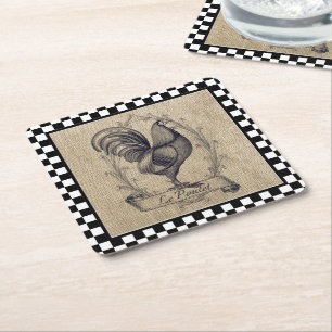 Posavasos Cuadrado De Papel Pollo Francés Vintage en tablero de ajedrez