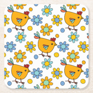 Posavasos Cuadrado De Papel Pollo y flor de color
