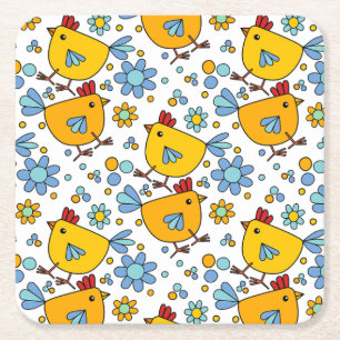 Posavasos Cuadrado De Papel Pollo y flor de color