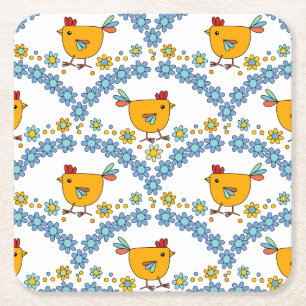 Posavasos Cuadrado De Papel Pollo y flor de color