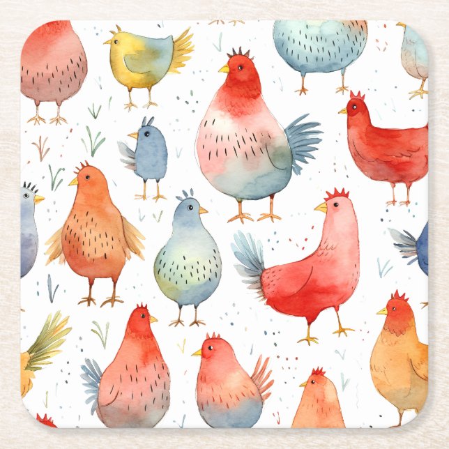 Posavasos Cuadrado De Papel Pollos de granja (Anverso)