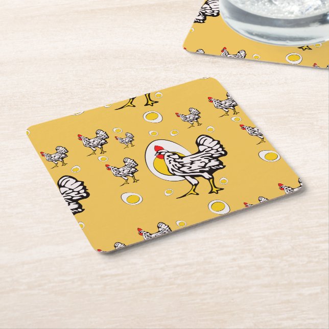 Posavasos Cuadrado De Papel Pollos retro (En perspectiva)