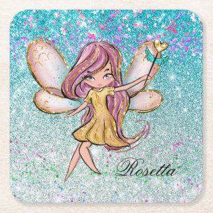 Posavasos Cuadrado De Papel Polvo de Hadas Brillante Purpura Dorado Rosa Brill