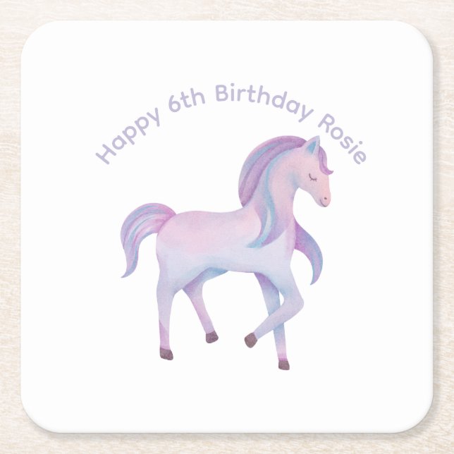 Posavasos Cuadrado De Papel Pony mágico pastel personalizable (Anverso)