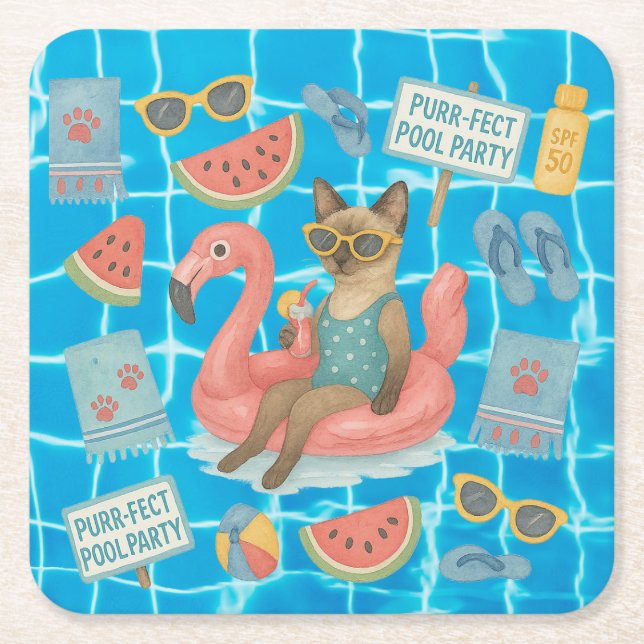 Posavasos Cuadrado De Papel Pool Birthday Party for Cat Lovers 