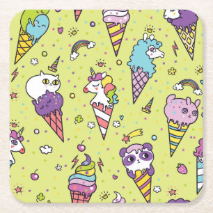 Posavasos Cuadrado De Papel Pop Cute Ice Cream: Patrón Animal