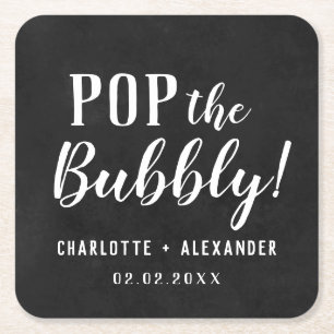 Posavasos Cuadrado De Papel Pop El Boda Personalizado Bubbly Elegalized Negro