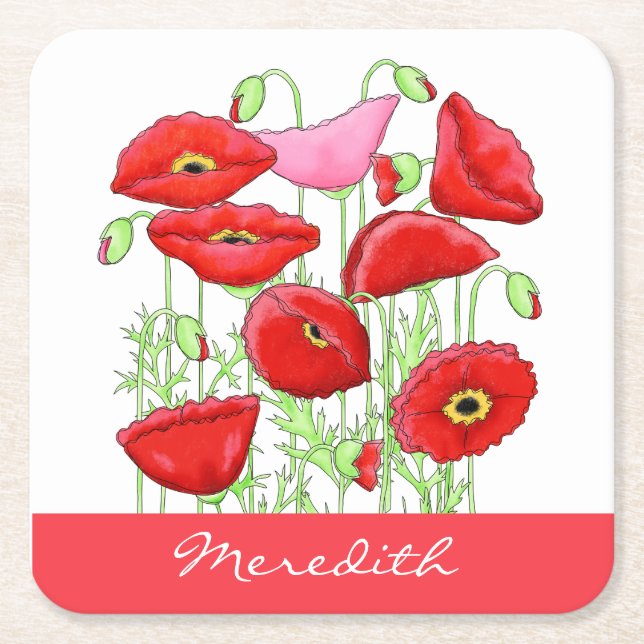 Posavasos Cuadrado De Papel Poppies rojos Art Custom Name Personalizado (Anverso)