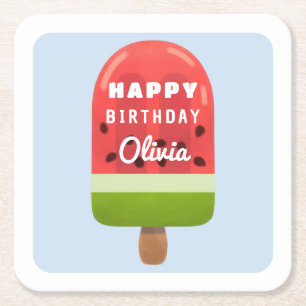 Posavasos Cuadrado De Papel Popsicle de Melón Mono Feliz Cumpleaños