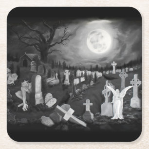 Posavasos Cuadrado De Papel Por la noche en el cementerio - Ángel con el diabl