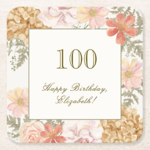 Posavasos Cuadrado De Papel Portavasos Cumpleaños 100 Otoño Color Floral Marfi