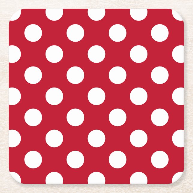 Posavasos Cuadrado De Papel Pos de polka blanca sobre rojo (Anverso)