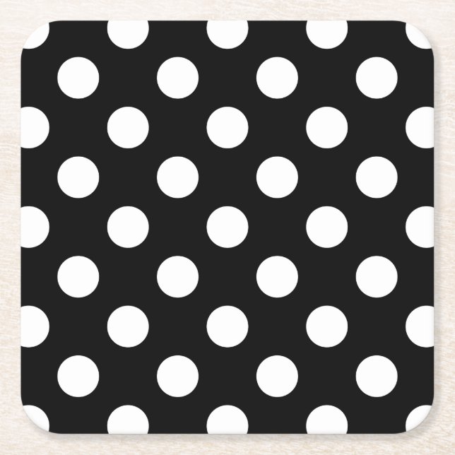 Posavasos Cuadrado De Papel Pos de polka blanco sobre negro (Anverso)