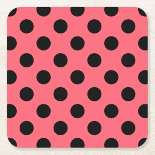Posavasos Cuadrado De Papel Pos de polka negro sobre el coral