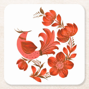 Posavasos Cuadrado De Papel Posavasos de arte popular Pájaro Rojo y Floral