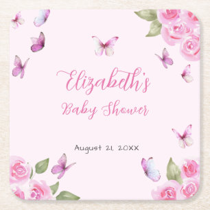 Posavasos Cuadrado De Papel Posavasos de Baby Shower de Mariposa Rosa Bonita