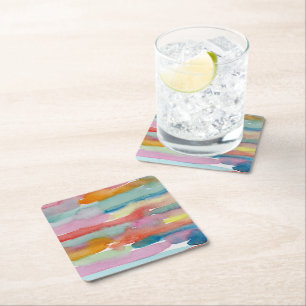 Posavasos Cuadrado De Papel Posavasos de bebida de acuarela abstracta colorida