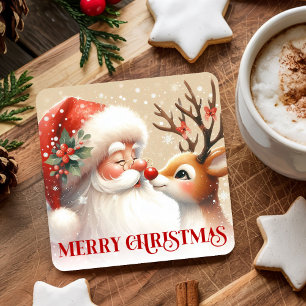 Posavasos Cuadrado De Papel Posavasos de bebidas navideñas con Santa y Rudolph