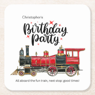 Posavasos Cuadrado De Papel Posavasos de cumpleaños de tren vintage estético