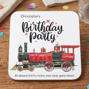 Posavasos Cuadrado De Papel Posavasos de cumpleaños de tren vintage estético