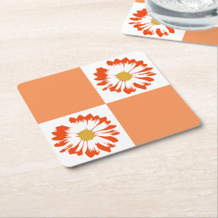 Posavasos Cuadrado De Papel Posavasos de Flor Naranja y Blanco a Cuadros